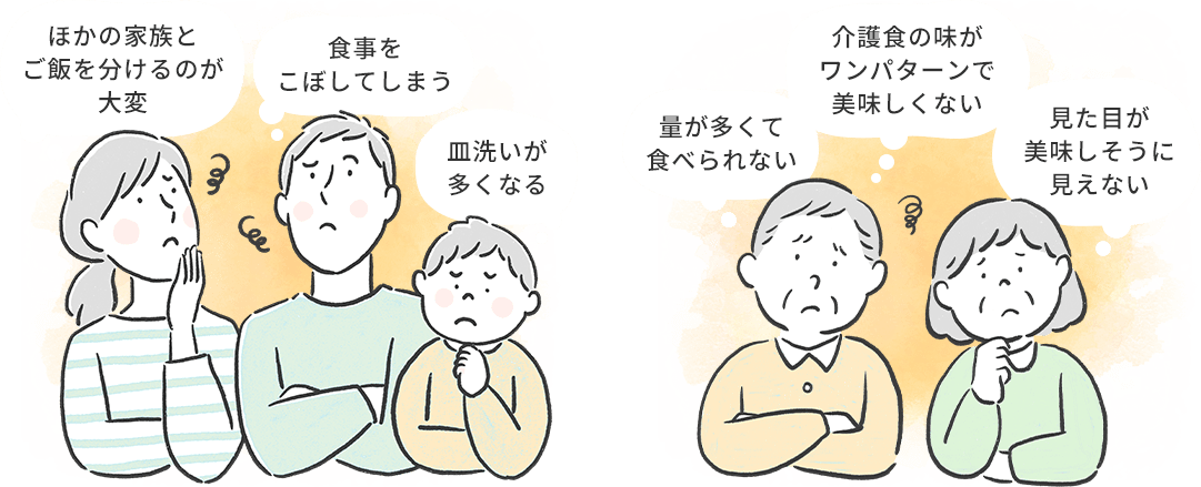 ほかの家族とご飯を分けるのが大変,食事をこぼしてしまう,皿洗いが多くなる,量が多くて食べられない,介護食の味がワンパターンで美味しくない,見た目が美味しそうに見えない